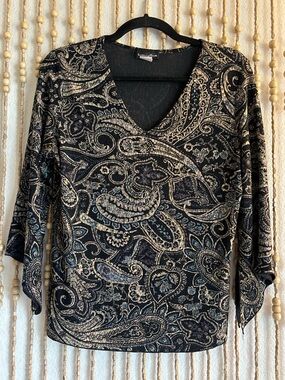 Brittany Black Paisley Teal Gold V Neck Flutter Sleeve Fairy Boho Indie Y2K Top